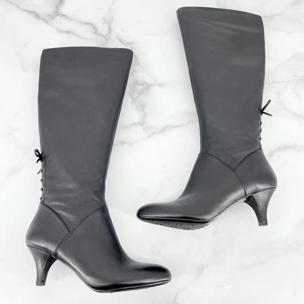 Naturalizer Dinka Boots Black Leather Slim Kitten Heels Zip Lace Up Size 6.5 New